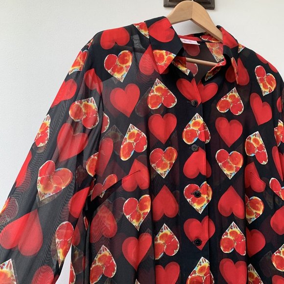 Vintage Sheer Betty Barclay Blouse Shirt Fit UK 14 Heart Pattern Black Red *Mend - Picture 10 of 11